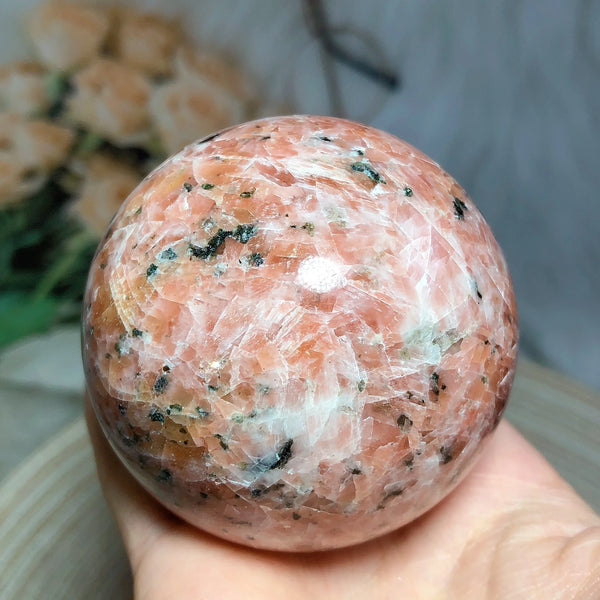 Natural Crystals Pink Moonstone With Green Tourmaline Sphere