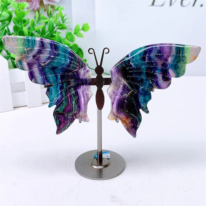 Natural Fluorite Butterfly Wings Carving Hand Polished Reiki Healing Crystal