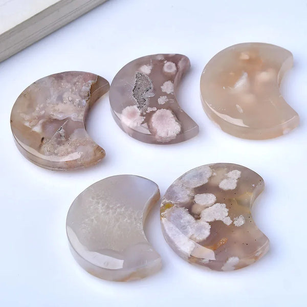 Natural Gemstone Cherry Blossom Agate Moon Crystal Crafts