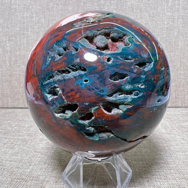 Natural Ocean Jasper Sphere Free Form With Druzy Carving 