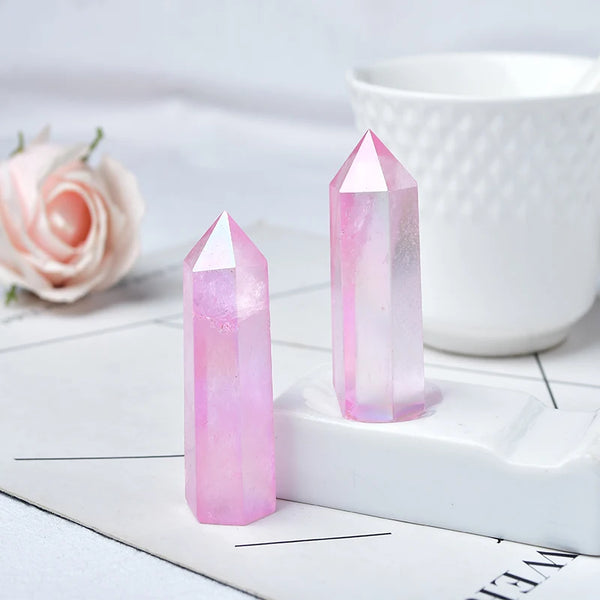 Natural Pink Aura Clear Quartz Crystal Point Electroplating Wand