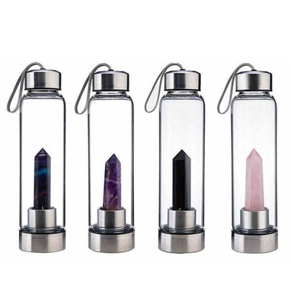 Natural Quartz Gemstone Glass Water Bottle Direct Drinking Glass Cup Crystal Stone Obelisk Healing Wand Glass Bottle Decoration