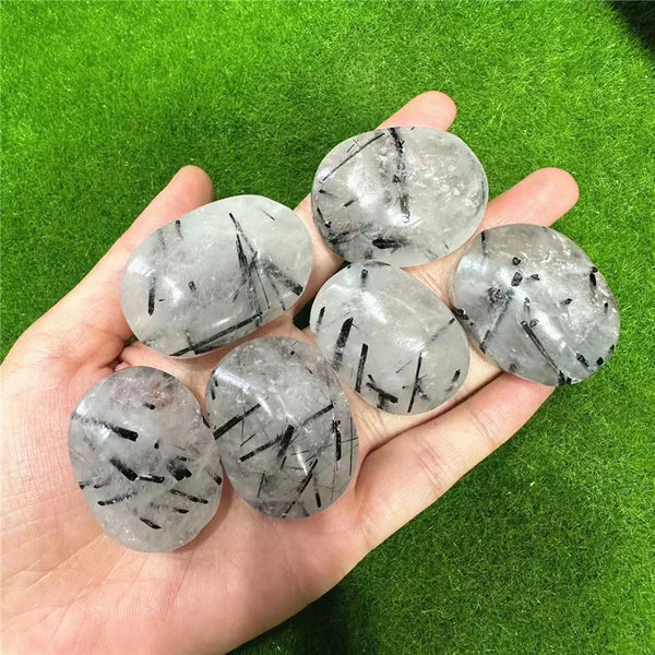 Natural Round Black Quartz Rutilated Bulk Tumbled Palm Stones Specimen Healing Crystals Minerals Gemstones Home Decor