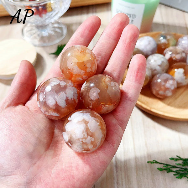 Natural Stone Cherry Agate Crystal Ball Reiki Quartz Sphere Crystal Crafts Healing Gemstone Polished Sakura Agate Ball Ornament