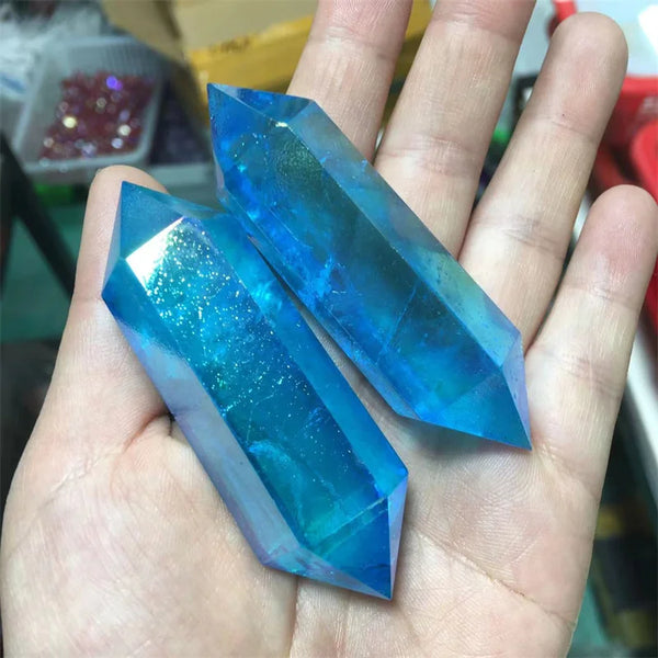 Natural Stones Polished Aura Blue Quartz Crystal Double Wand Point Healing Reiki Gemstones Home Decoration