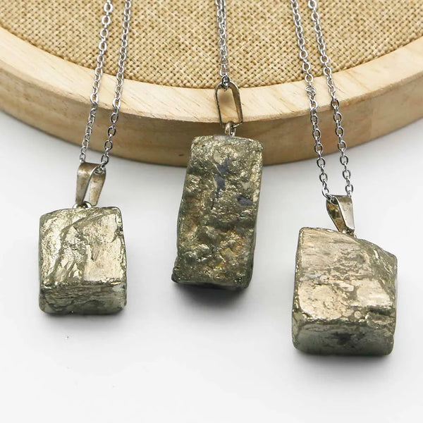 Natural Pyrite Raw Ore Irregular Pendant Stainless Steel Chain