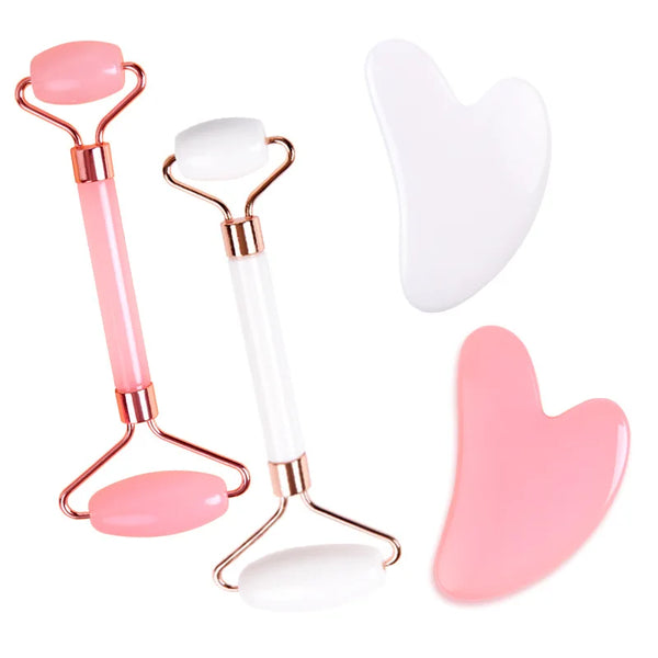 Pink Crystal Roller Massager Set Non Jade Dual Head Massager Stick Face Facial Beauty Board Dual Head Manual Stick