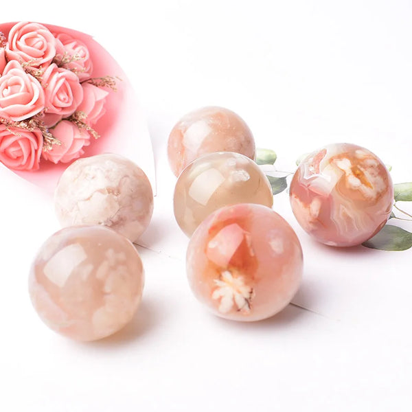 Polishing Natural Cherry Blossom Flower Agate Ball Reiki Healing Stone Home Decor Energy Gemstone Mineral Meditation Ornaments