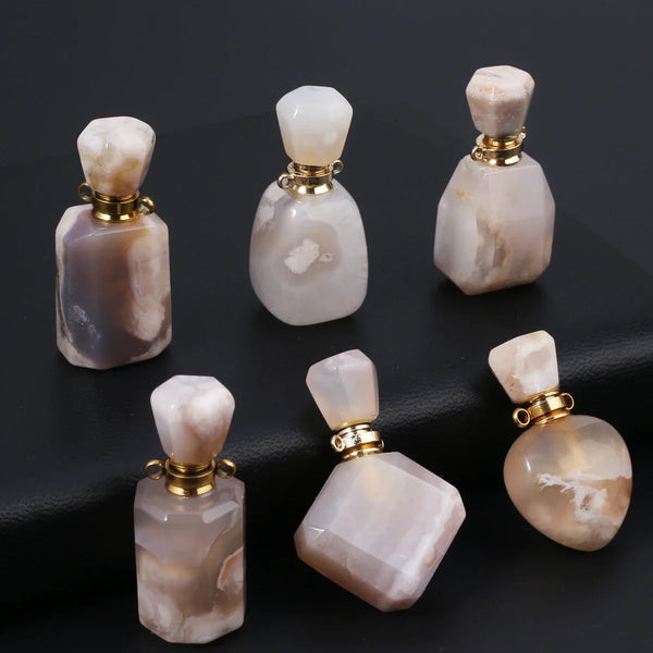 Random Natural Sakura Agate Stone Perfume Bottle Pendants For Necklace Reiki Essential Oil Diffuser Bottle Charm Women DIY Gift