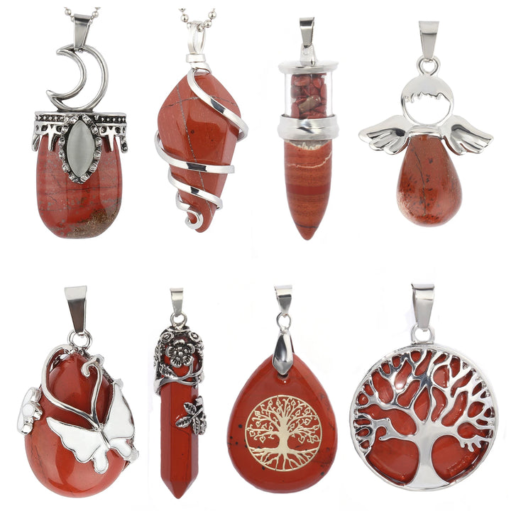 Red Jasper Stone Pendant Hexagon Waterdrop Life Tree Pattern Bullet Pendant