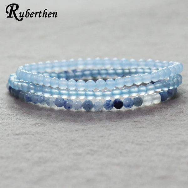 Ruberthen 4 MM Blue Aventurine Bracelets Set Womens Natural Celestine Blue Jade Mini Gemstone Bracelet