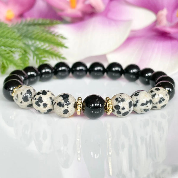 New Design Black Tourmaline Dalmatian Jasper Beaded Bracelet