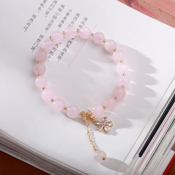 Ruifan 8mm Pink Natural Rose Quartz Beaded Strand Bracelets for Women Female Zirconia Flower Fine Jewelry Wholesale YBR836