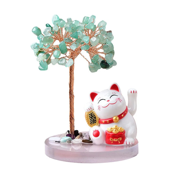 Shake Hands Lucky Cat Fate Tree Natural Crystal Crushed Stone Feng Shui Tree Decoration Maison Home Halloween