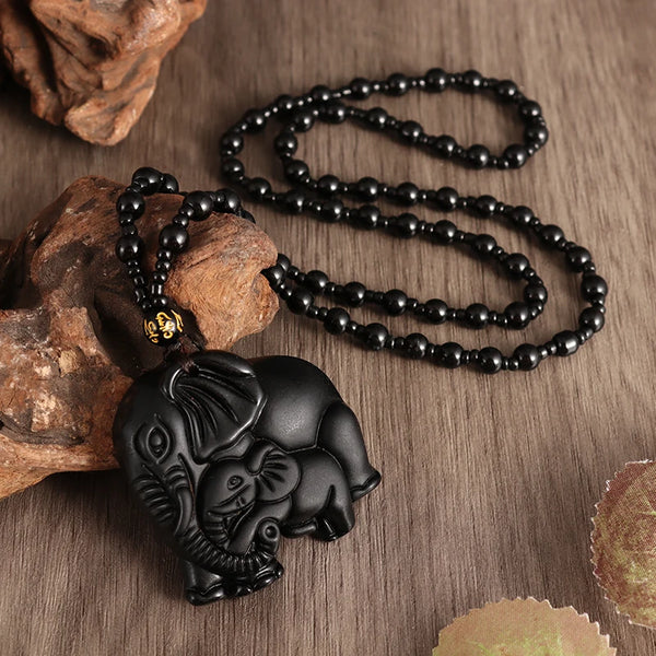 Wholesale Obsidian Carved Cute Elephant Pendant Necklace 