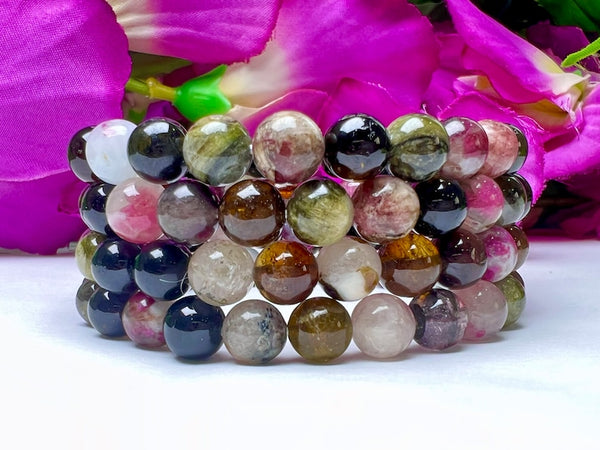 Watermelon Tourmaline Stone Round Beaded Bracelet 8 MM Stretch Bracelet