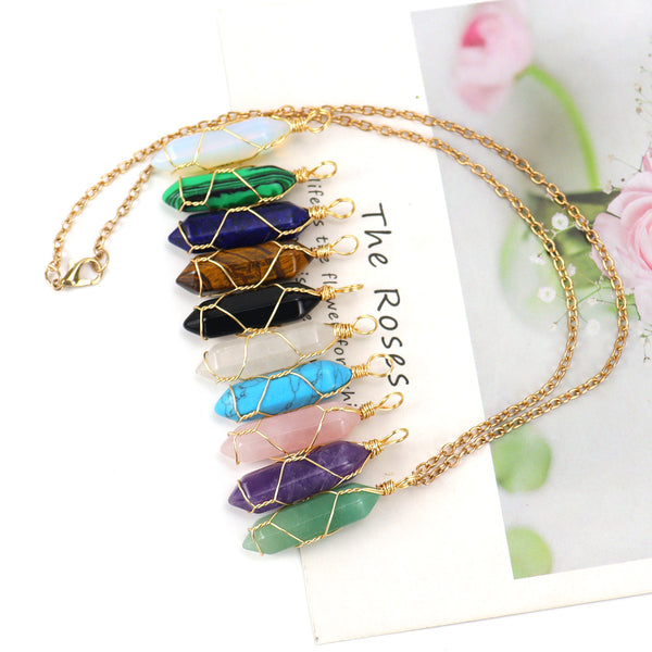 Natural Stone Crystal Agate Hexagonal Pillar Pendant Necklace