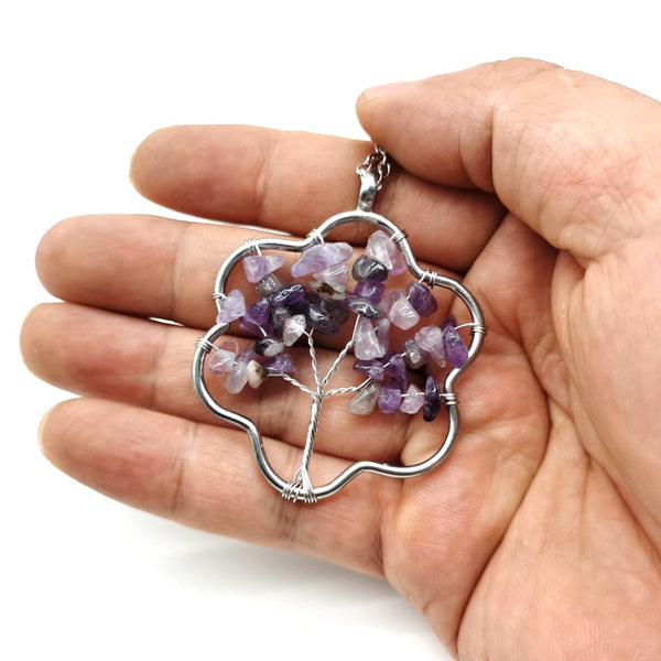 Natural Amethyst Chips Wrapped Tree of Life Pendant