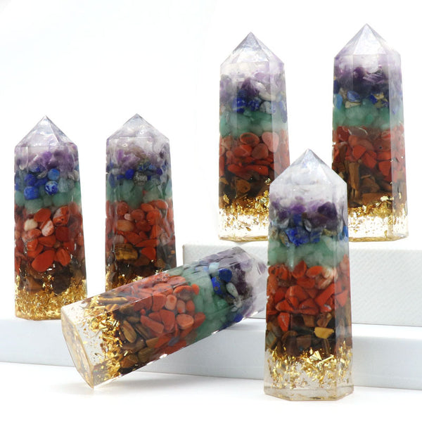 Crystal Agate Colorful Gravel Resin Hexagonal Column Chakra Tower